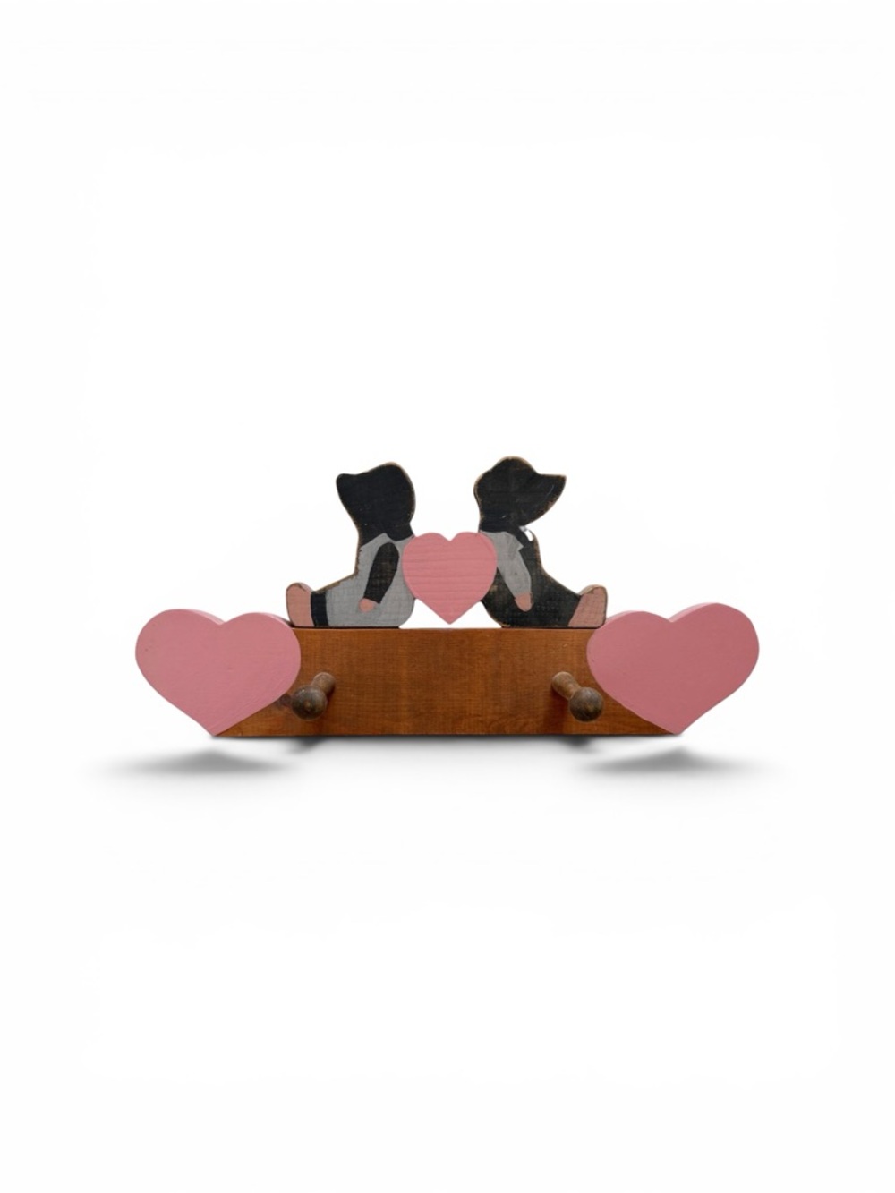 Vintage Wooden Heart Peg Rack with Sitting Silhouettes - Pink & Brown